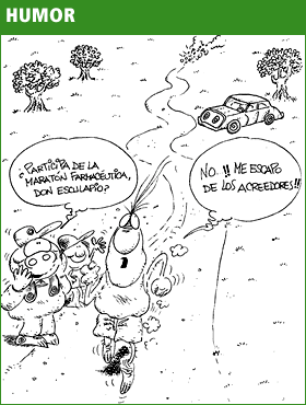 Humor publicado en la Revista Tribuna Farmacéutica. Año II. Nº 12 (Julio de 1999). Don Esculapio es una creación del Farm. José René Cárdenas.